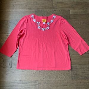 Ruby Rd. Coral Pink Embellished 3/4 Sleeve Tee-Size XL